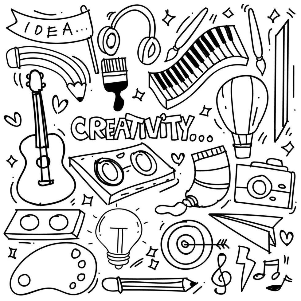 Hand drawn of creativity in doodle style isolated on white background, Vector hand drawn set creativity theme. Vector illustration