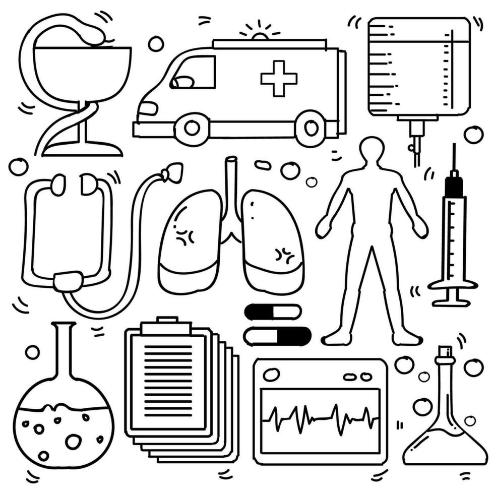 Set of Drawings Healthcare Theme Doodle Collection In White Isolated Background vector