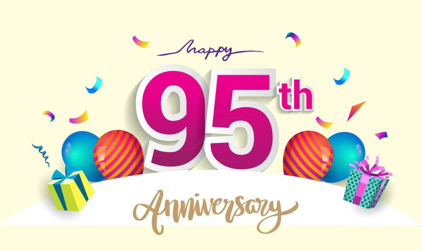 95th Years Anniversary Celebration Design, with gift box and balloons, ribbon, Colorful Vector template elements for your birthday celebrating party.