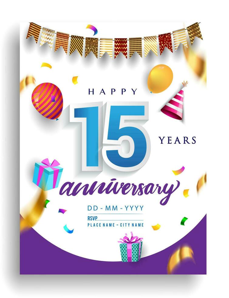 10 años aniversario invitación diseño, con regalo caja y globos, cinta, vistoso vector modelo elementos para cumpleaños celebracion fiesta.