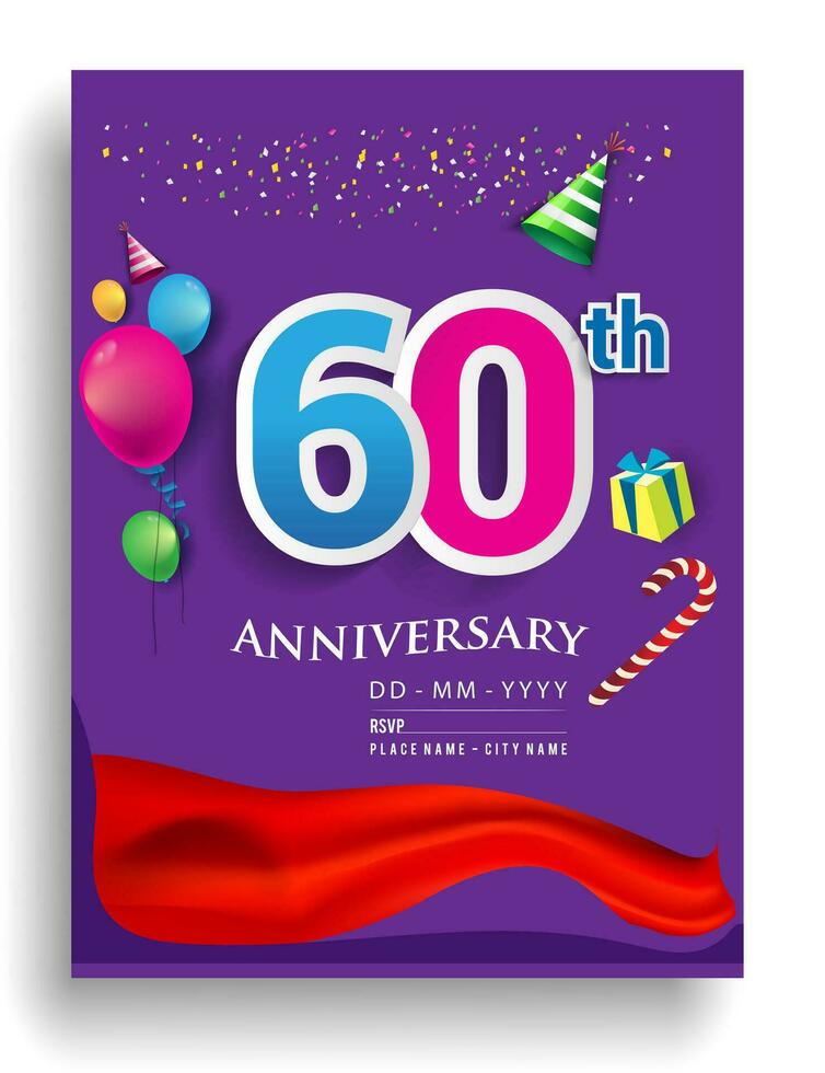 60th Years Anniversary invitation Design, with gift box and balloons, ribbon, Colorful Vector template elements for birthday celebration party.