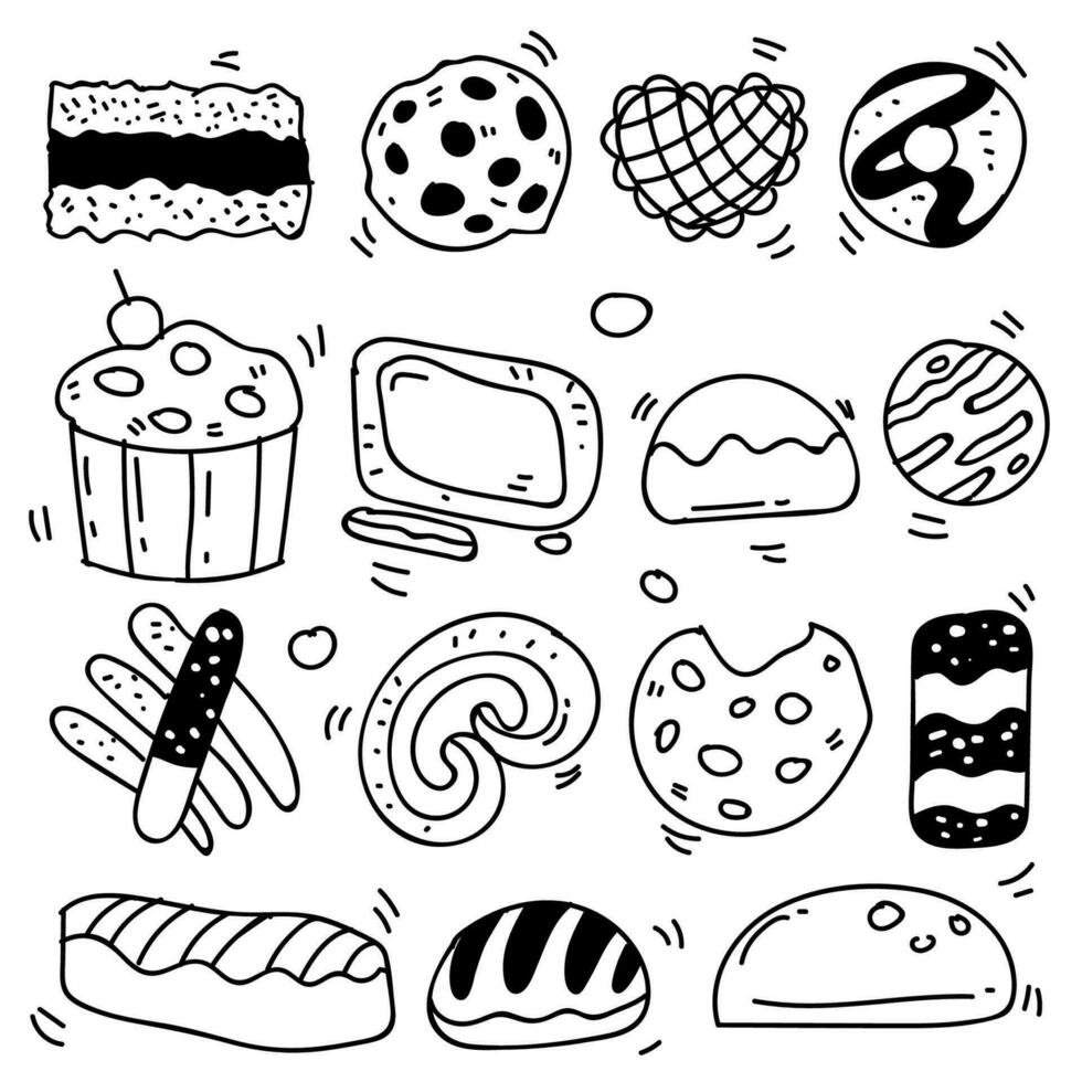 Set of drawings on the theme cakes. Cakes, pies, bread, biscuits and other confectionery products. vector illustration