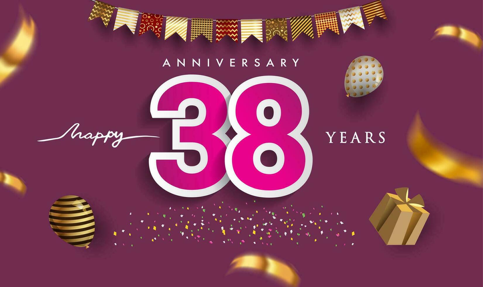 38th Years Anniversary Celebration Design, with gift box and balloons, ribbon, Colorful Vector template elements for your birthday celebrating party.