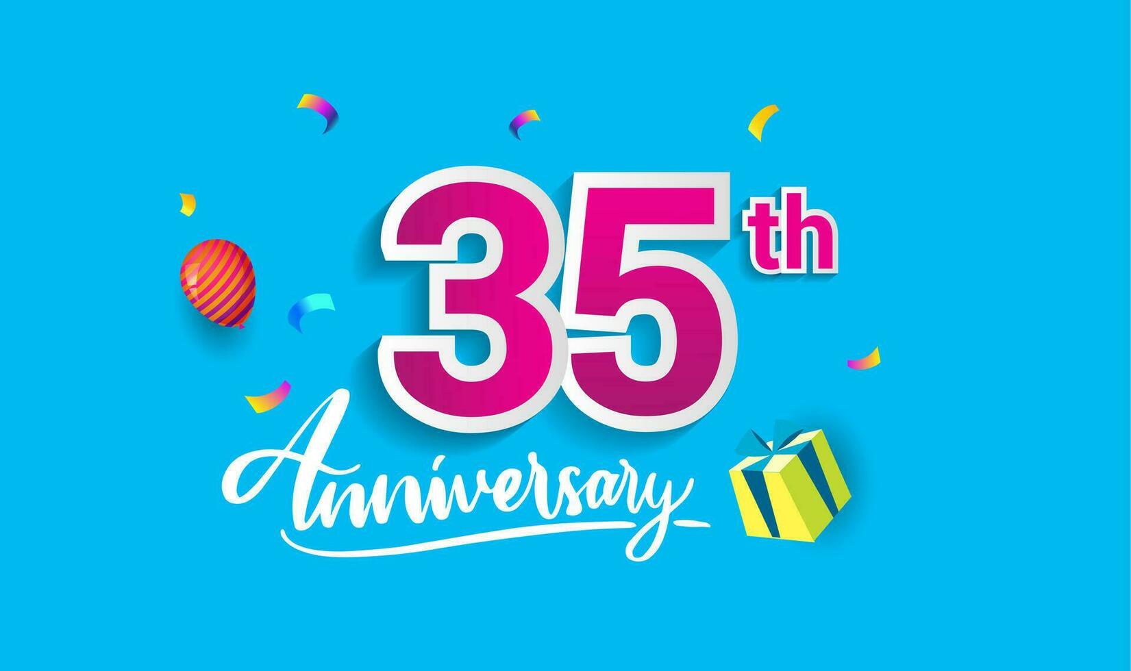 35th Years Anniversary Celebration Design, with gift box and balloons, ribbon, Colorful Vector template elements for your birthday celebrating party.