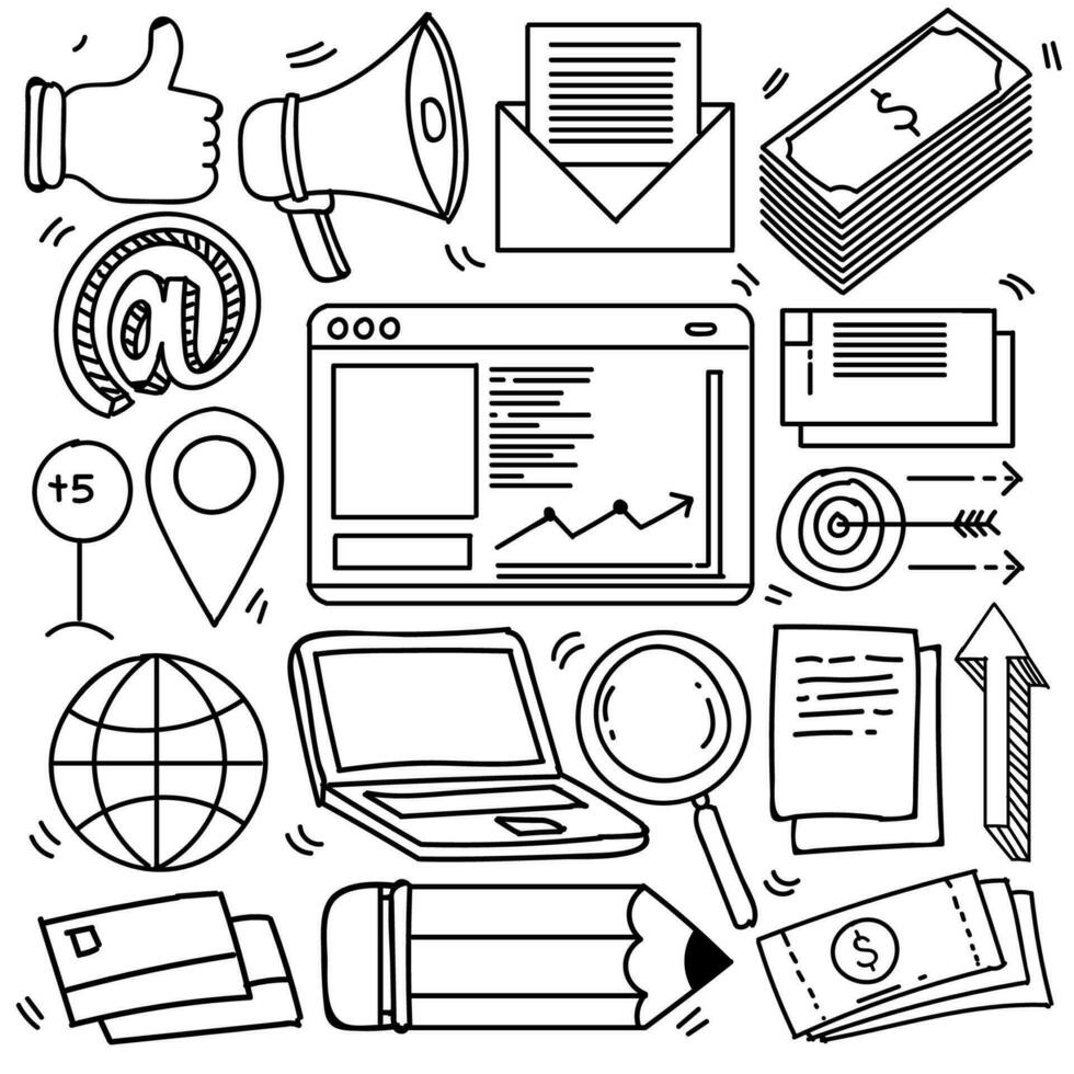 Set of business theme in doodle style isolated on white background, Vector hand drawn set business  theme. Vector illustration