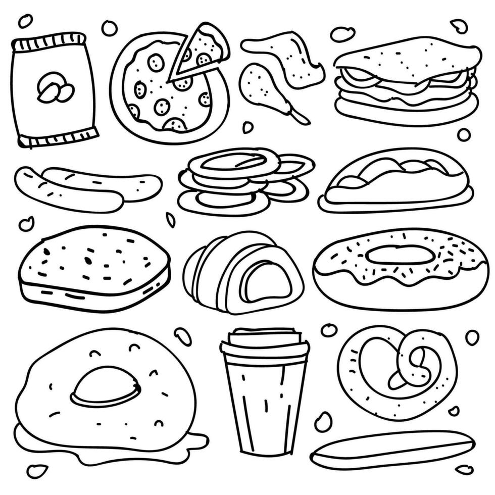 Set of hand drawn food isolated on white background, doodle set of fast food. Vector illustration