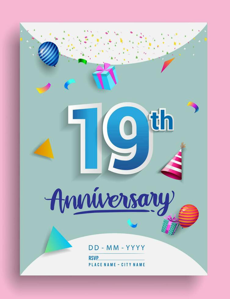 10 años aniversario invitación diseño, con regalo caja y globos, cinta, vistoso vector modelo elementos para cumpleaños celebracion fiesta.