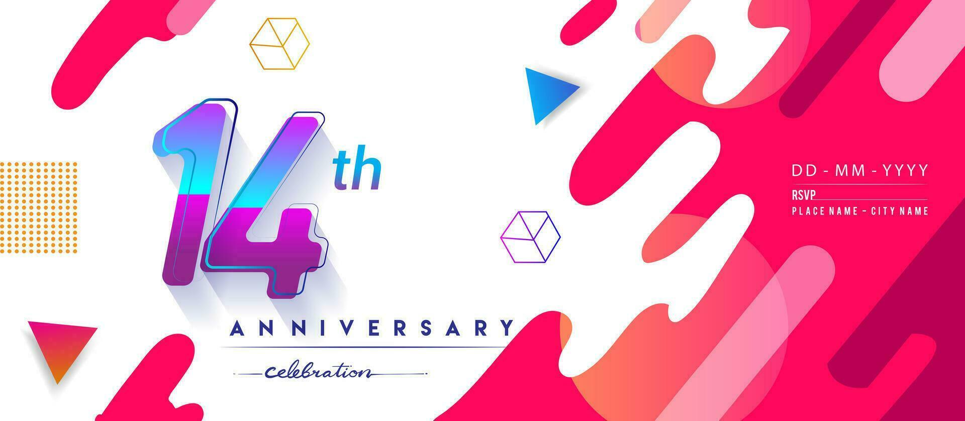 14th years anniversary logo, vector design birthday celebration with colorful geometric background and circles shape.