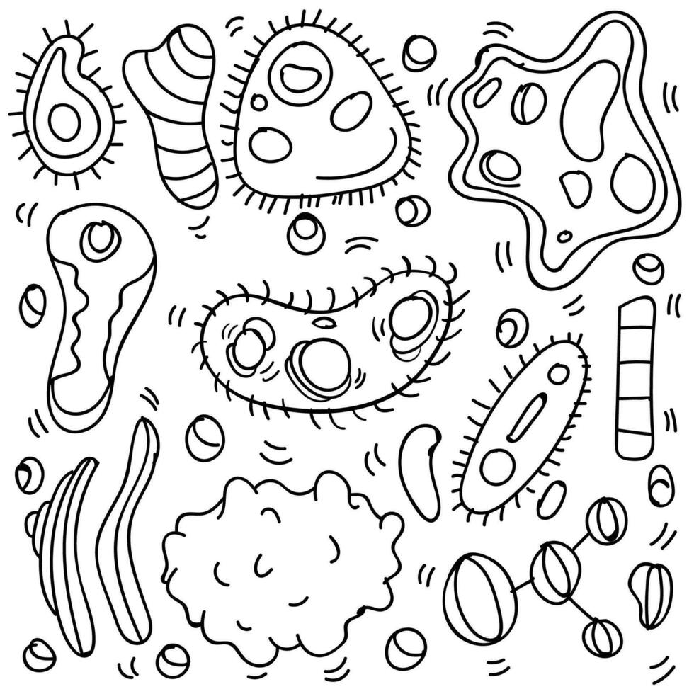 Doodle Bacteria And Virus Theme Doodle Collection In White Isolated Background, Hand-drawn Bacteria And Virus Theme. vector