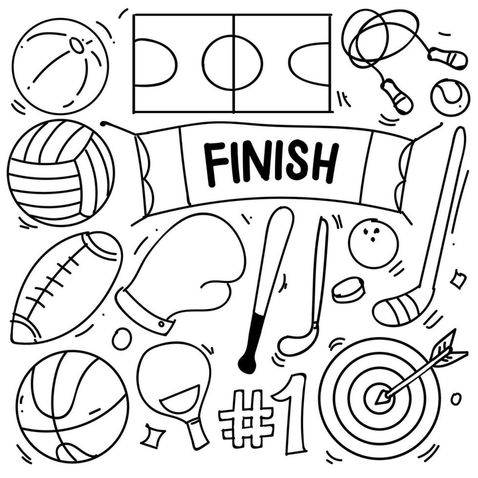 Set of hand drawn sport theme isolated on white background, doodle set of sport theme. Vector illustration