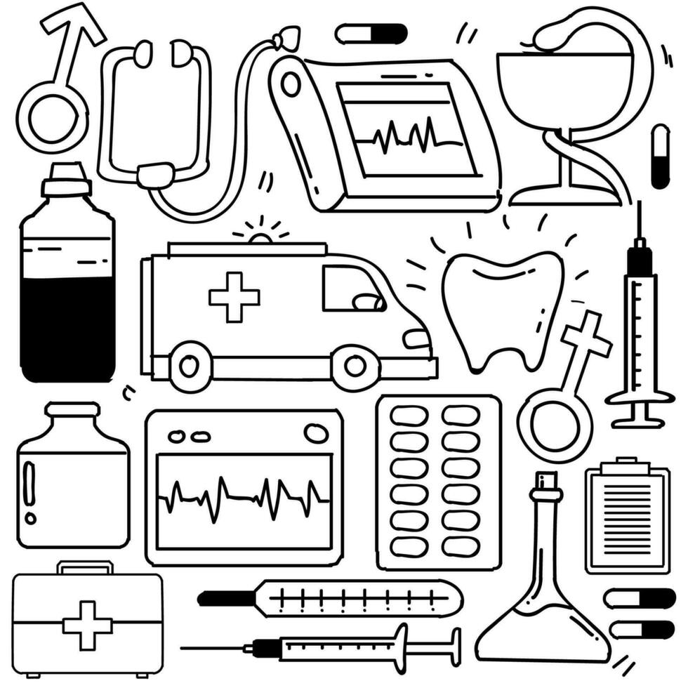 conjunto de dibujos cuidado de la salud tema garabatear colección en blanco aislado antecedentes vector