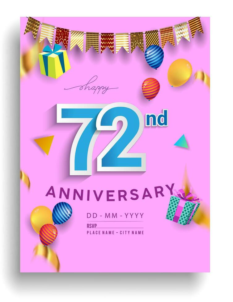 72 años aniversario invitación diseño, con regalo caja y globos, cinta, vistoso vector modelo elementos para cumpleaños celebracion fiesta.