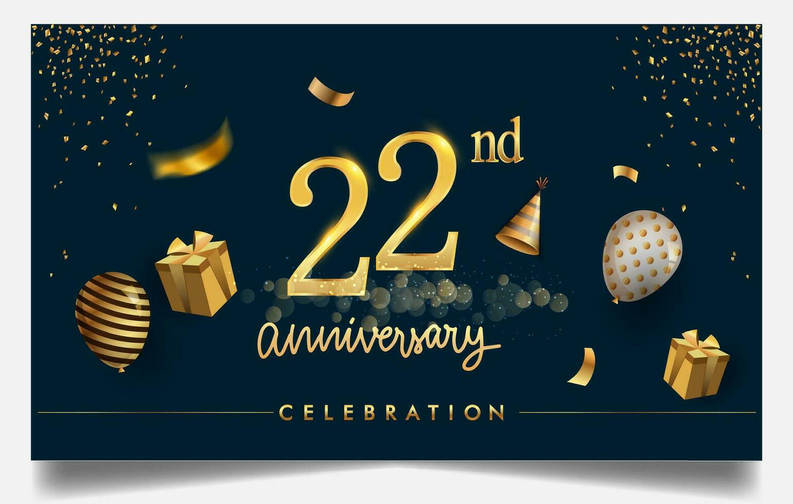 50th years anniversary design for greeting cards and invitation, with balloon, confetti and gift box, elegant design with gold and dark color, design template for birthday celebration. vector