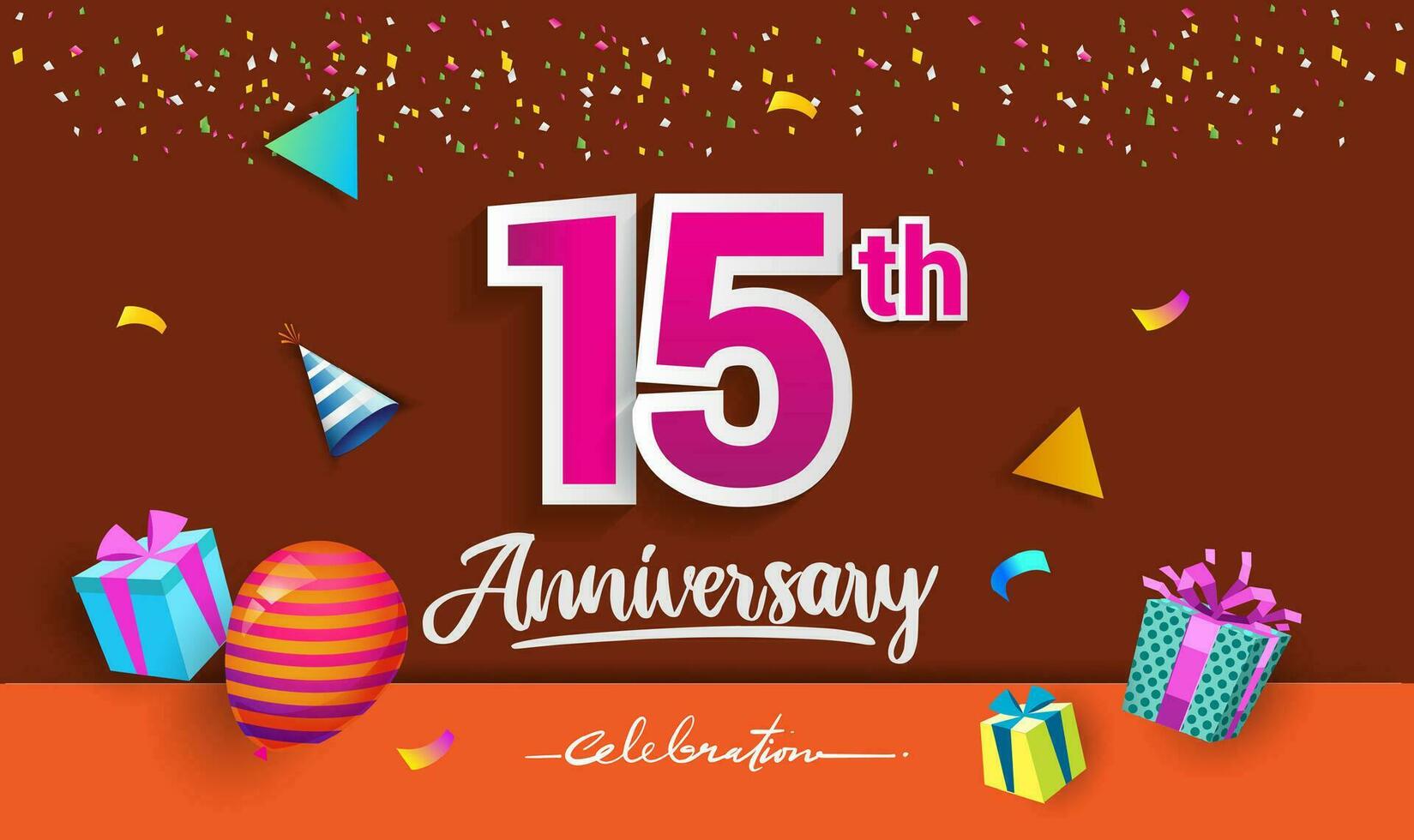 15th Years Anniversary Celebration Design, with gift box and balloons, ribbon, Colorful Vector template elements for your birthday celebrating party.