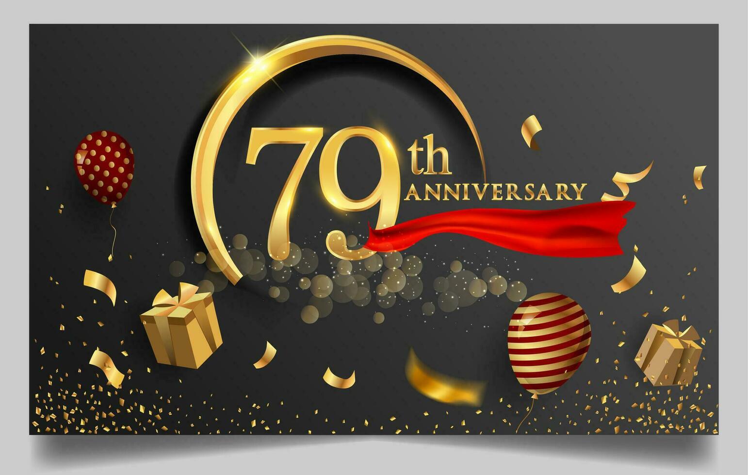 70th years anniversary design for greeting cards and invitation, with balloon, confetti and gift box, elegant design with gold and dark color, design template for birthday celebration. vector
