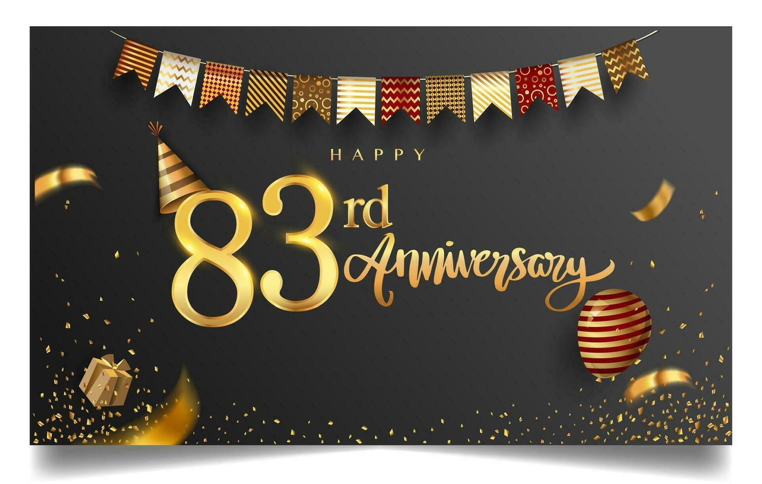 80th years anniversary design for greeting cards and invitation, with balloon, confetti and gift box, elegant design with gold and dark color, design template for birthday celebration. vector