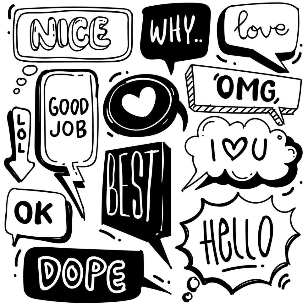 Set of cute speech bubble in doodle style isolated on white background, Vector hand drawn set speech bubble theme. Vector illustration