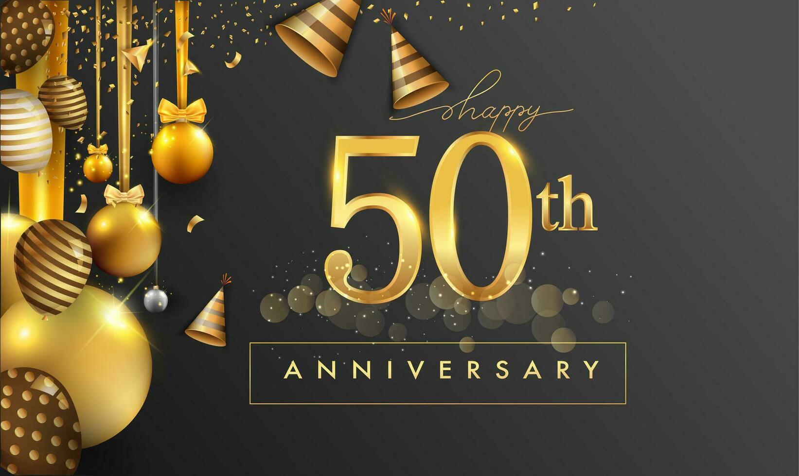 50th years anniversary design for greeting cards and invitation, with balloon, confetti and gift box, elegant design with gold and dark color, design template for birthday celebration vector