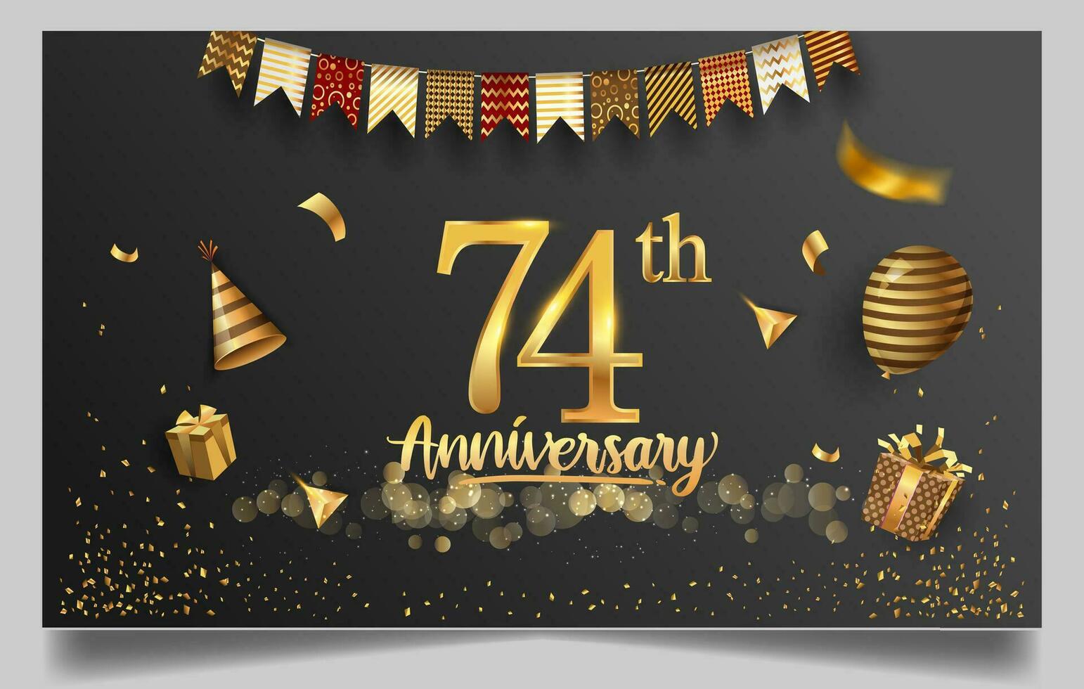 70 años aniversario diseño para saludo tarjetas y invitación, con globo, papel picado y regalo caja, elegante diseño con oro y oscuro color, diseño modelo para cumpleaños celebracion. vector