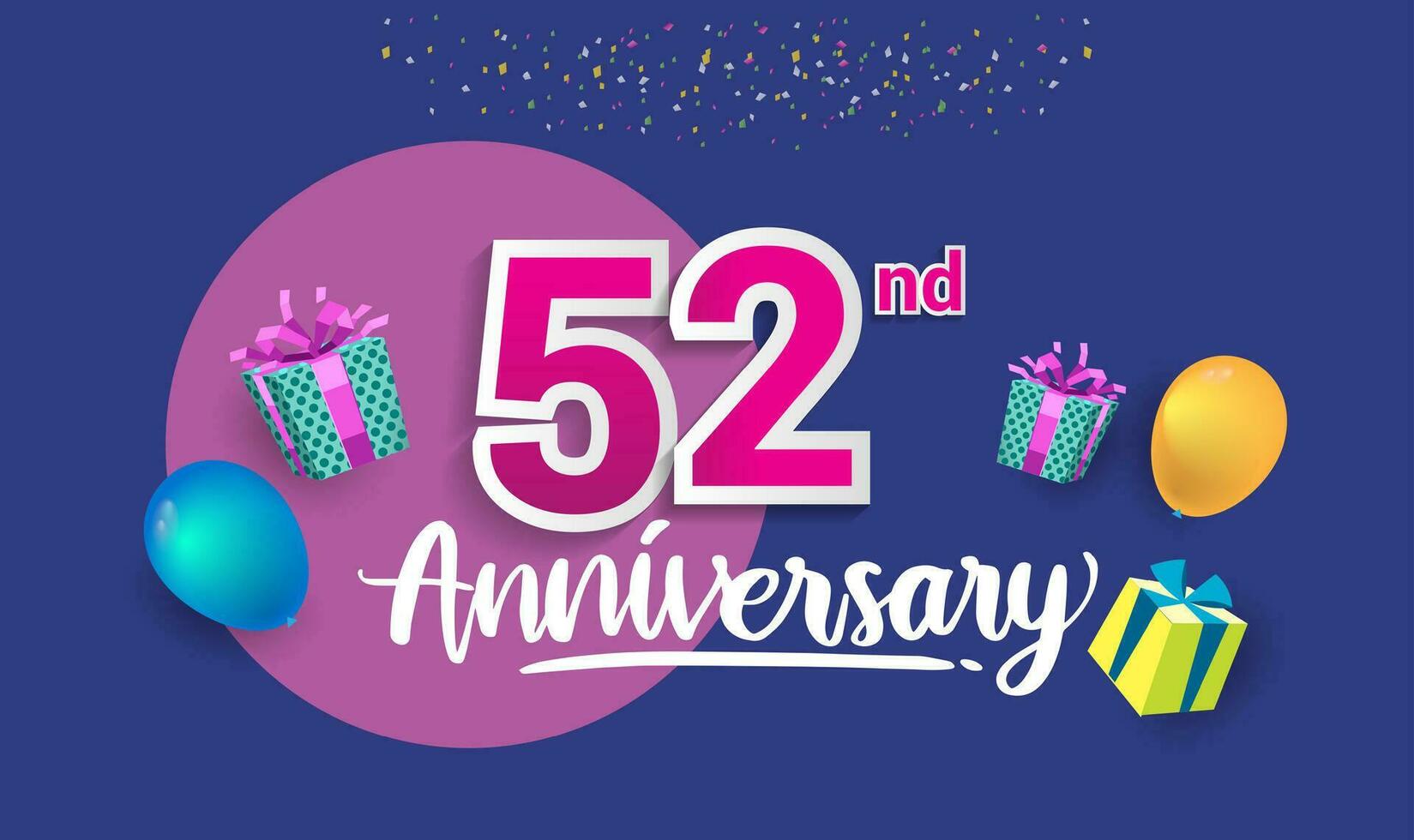 52nd Years Anniversary Celebration Design, with gift box and balloons, ribbon, Colorful Vector template elements for your birthday celebrating party.