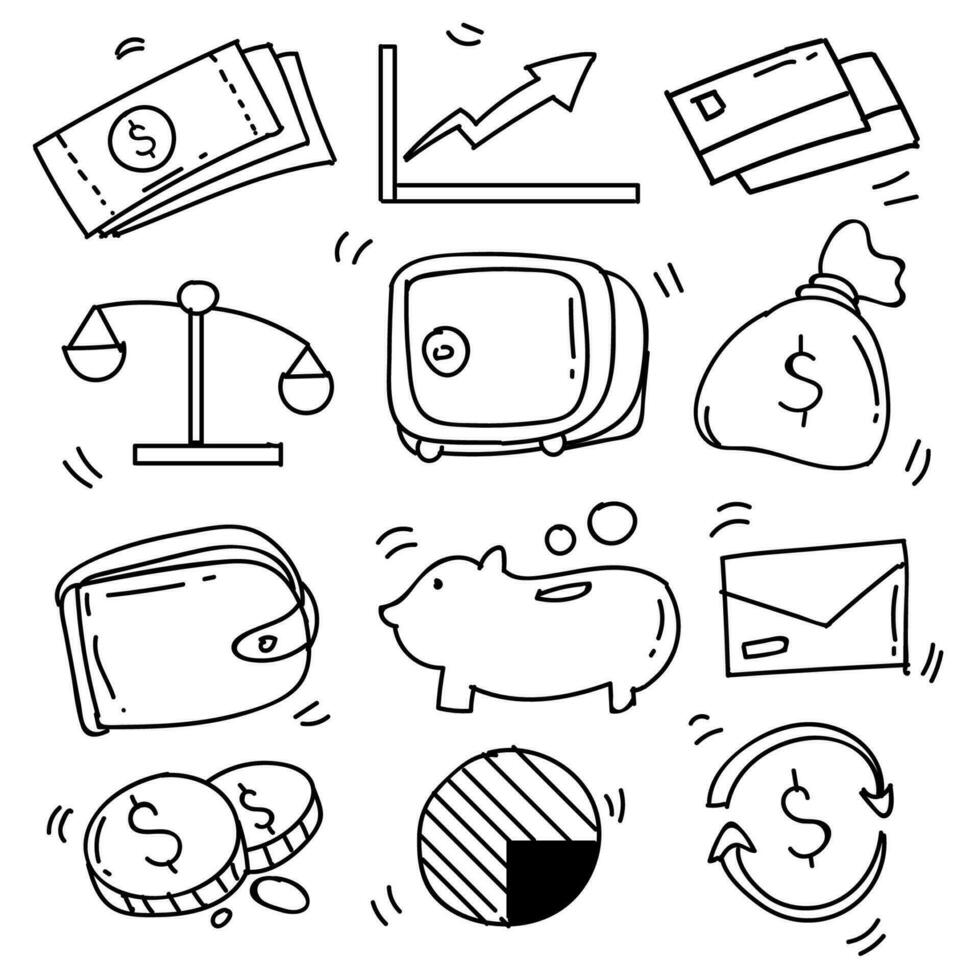 Set of Hand Drawn Doodle Business and Tax, finance icons Theme Doodle Collection In White Isolated Background vector