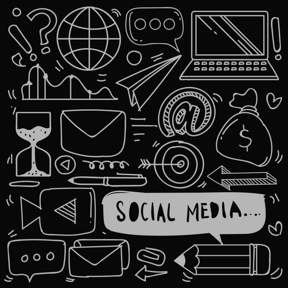 Set of Social media icon in doodle style isolated on black background, Vector hand drawn set Social media theme. Vector illustration