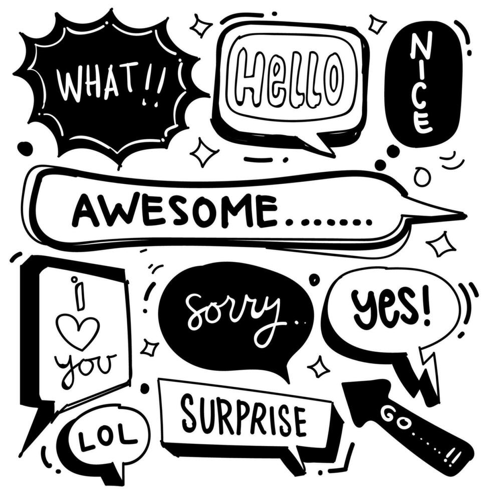 Set of cute speech bubble in doodle style isolated on white background, Vector hand drawn set speech bubble theme. Vector illustration