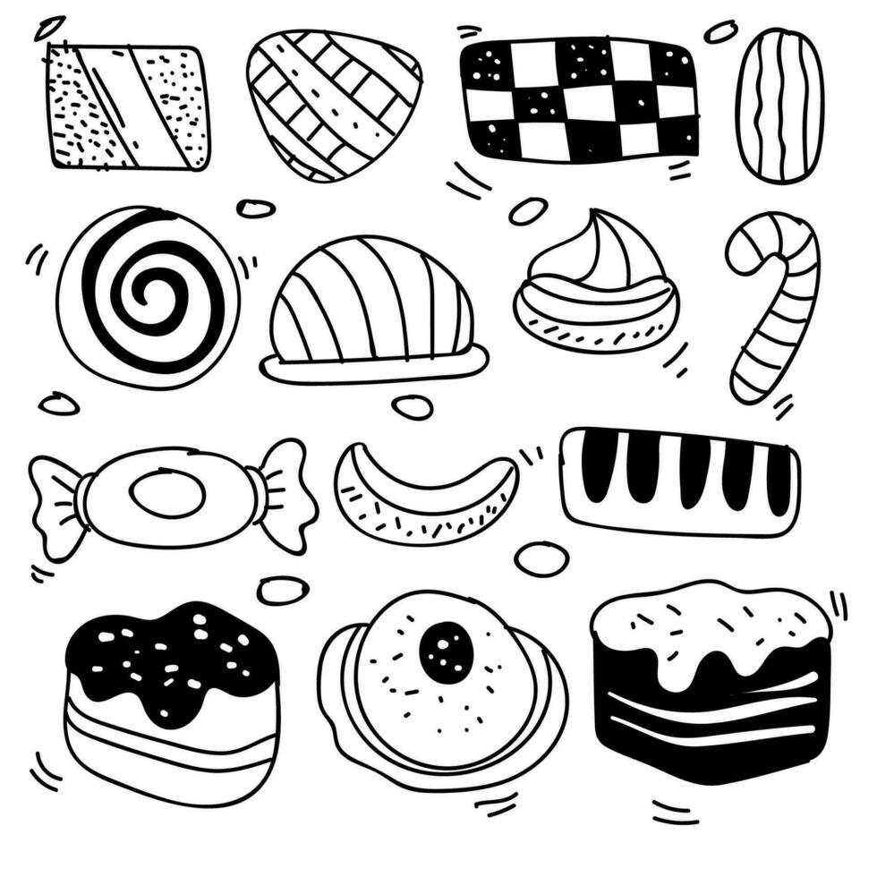 conjunto de dibujos en el tema pasteles pasteles, empanadas, pan, galletas y otro confitería productos vector ilustración