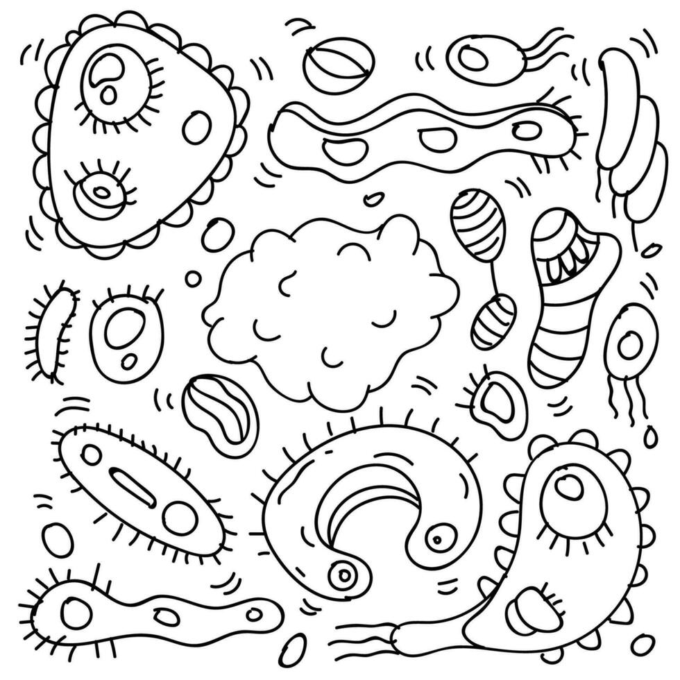 Doodle Bacteria And Virus Theme Doodle Collection In White Isolated Background, Hand-drawn Bacteria And Virus Theme. vector