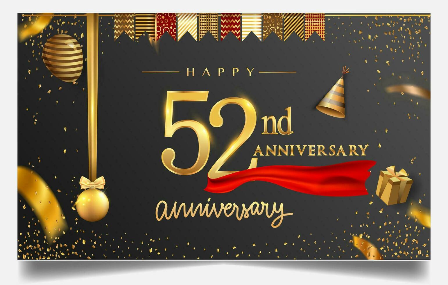 50th years anniversary design for greeting cards and invitation, with balloon, confetti and gift box, elegant design with gold and dark color, design template for birthday celebration. vector