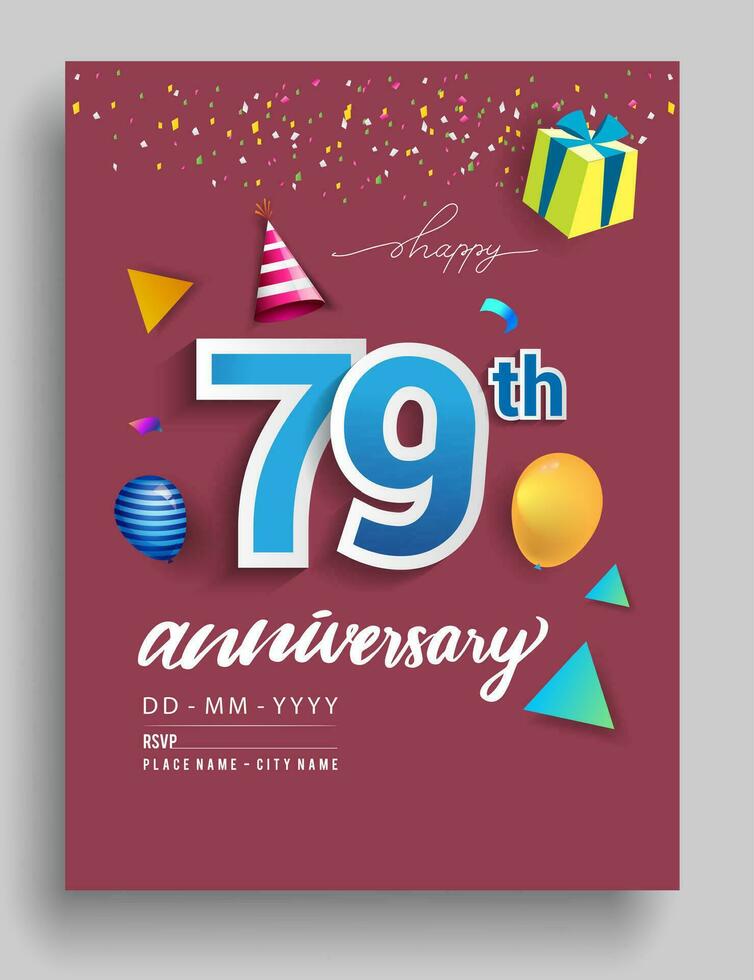 79º años aniversario invitación diseño, con regalo caja y globos, cinta, vistoso vector modelo elementos para cumpleaños celebracion fiesta.