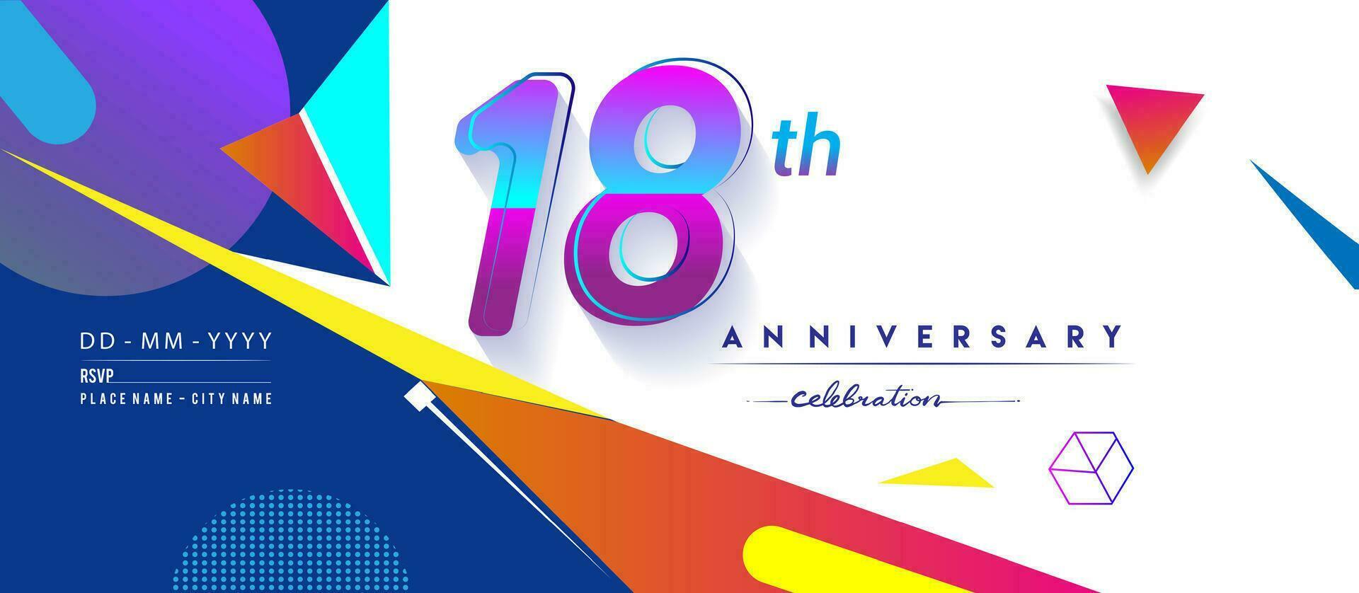 18th years anniversary logo, vector design birthday celebration with colorful geometric background and circles shape.