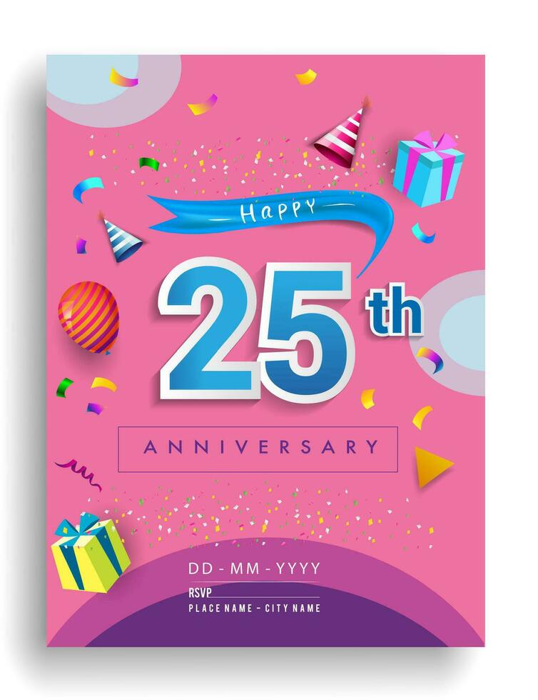 10 años aniversario invitación diseño, con regalo caja y globos, cinta, vistoso vector modelo elementos para cumpleaños celebracion fiesta.