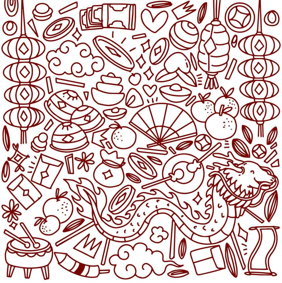 Set of hand drawn Chinese new year doodle, year of Dragon vector