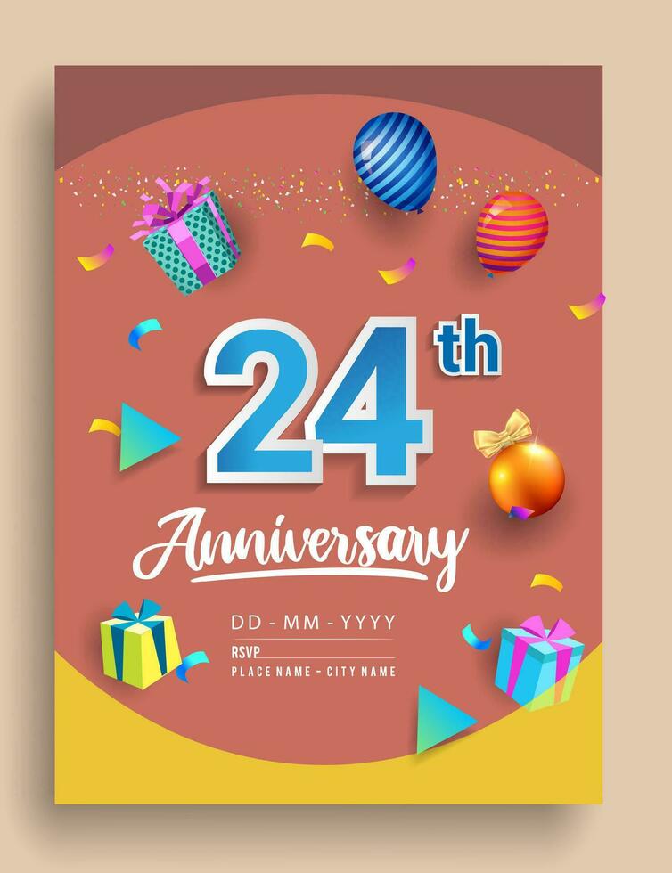 24th Years Anniversary invitation Design, with gift box and balloons, ribbon, Colorful Vector template elements for birthday celebration party.