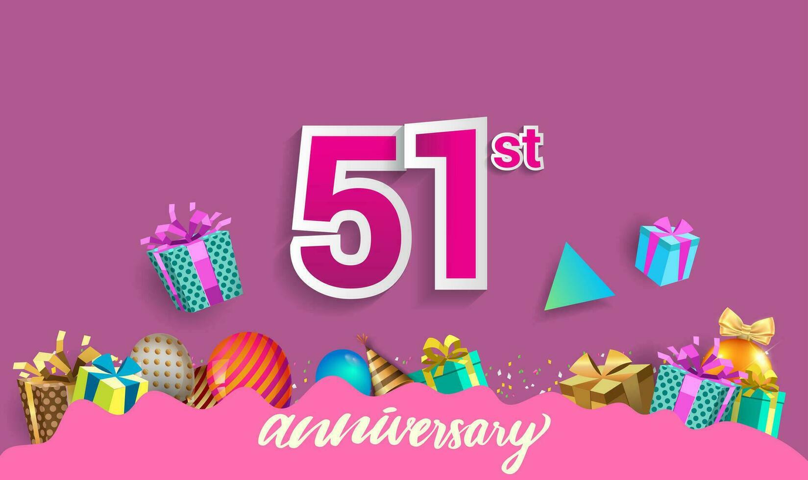51st Years Anniversary Celebration Design, with gift box and balloons, ribbon, Colorful Vector template elements for your birthday celebrating party.