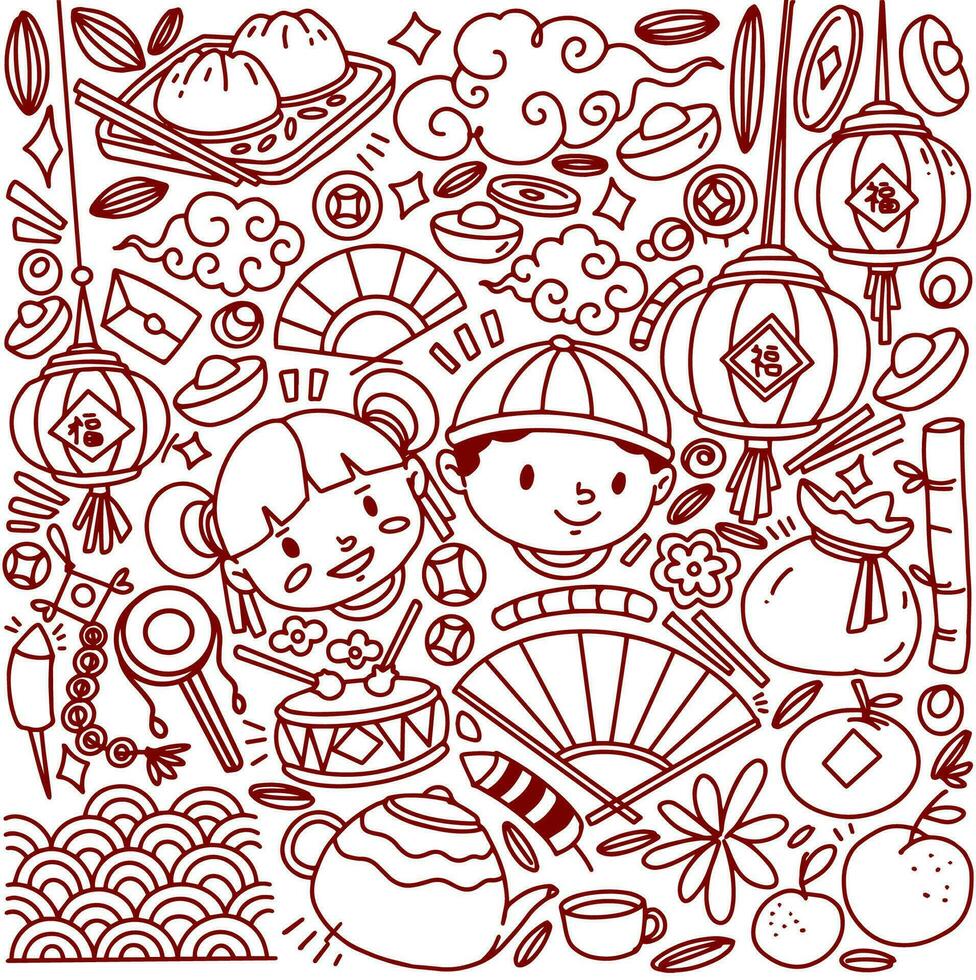 Set of hand drawn Chinese new year doodle, year of Dragon vector