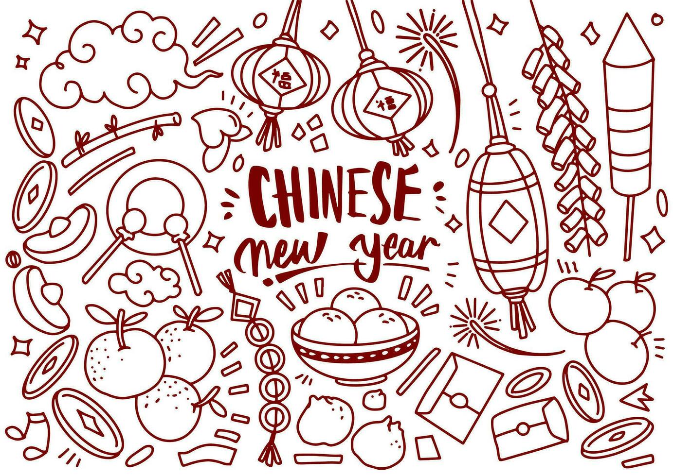 Set of Chinese new year doodle isolated on white background vector