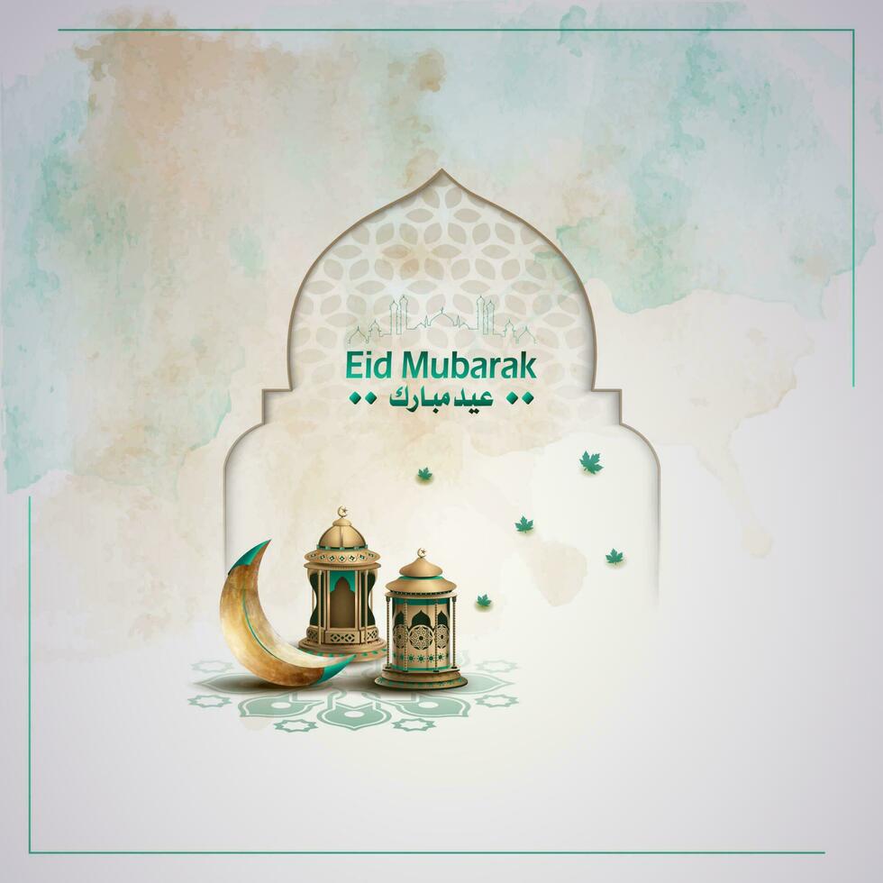 islamic greeting eid mubarak card design with crescent and lantern vector