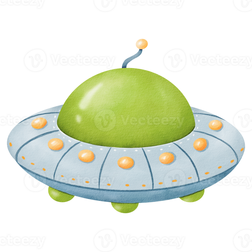 Alien spacecraft. Cartoonish UFOs with multiple lights. Intergalactic ship, space explorer. Blue, green, and yellow colors. Watercolor isolated illustration. for cards, prints, presentations png
