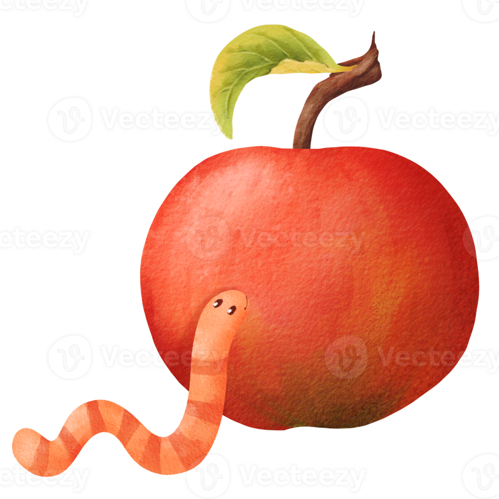 watercolor composition a worm with an apple. Ideal for childrens books, posters, invitations and other creative projects that aim to evoke a sense of joy and imagination png