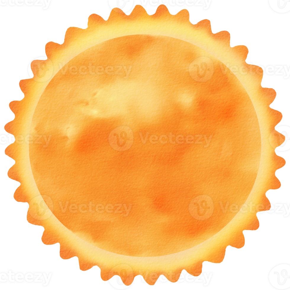 Sun - a star at the heart of the Solar System, one of many in the Milky Way galaxy. A yellow dwarf star. for schools, astronomy lessons, notebook covers, and diaries. Watercolor isolated illustration png