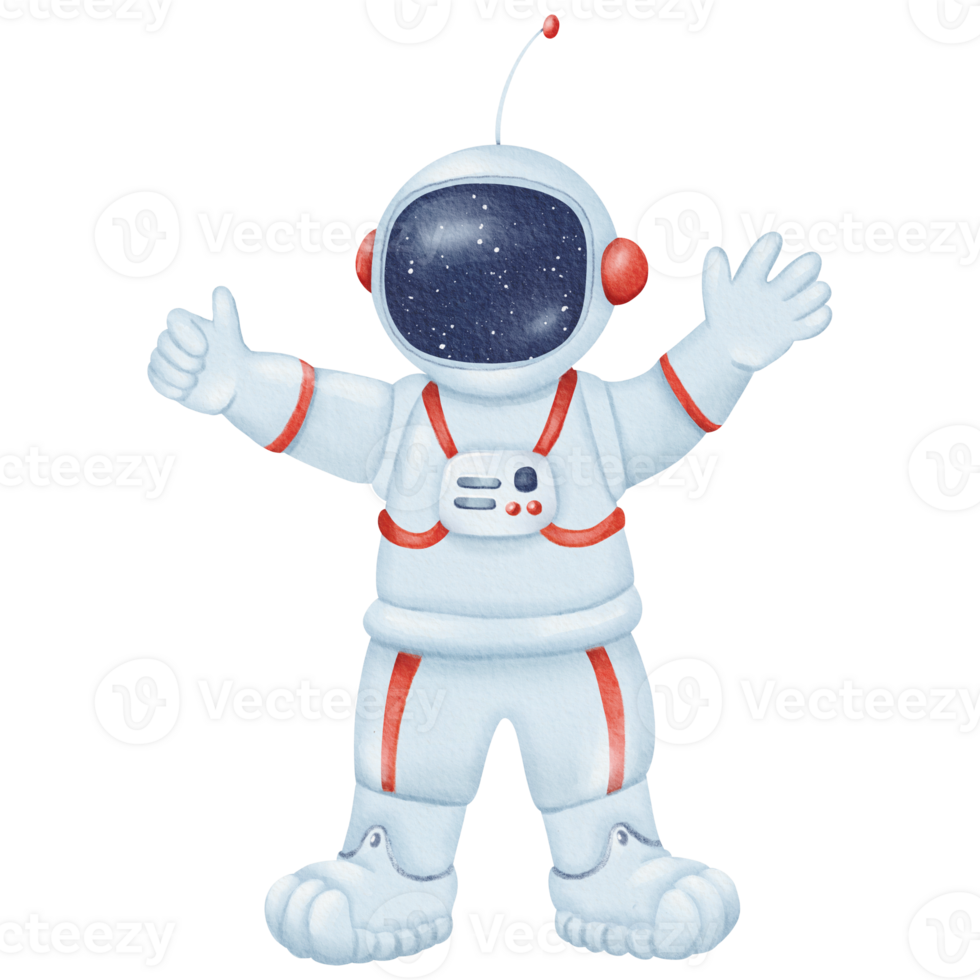 Cheerful astronaut waves their hand. Person in a spacesuit. Character stands in a helmet. Space travel, science fiction. Bright colors, illustration for children. Watercolor isolated illustration png