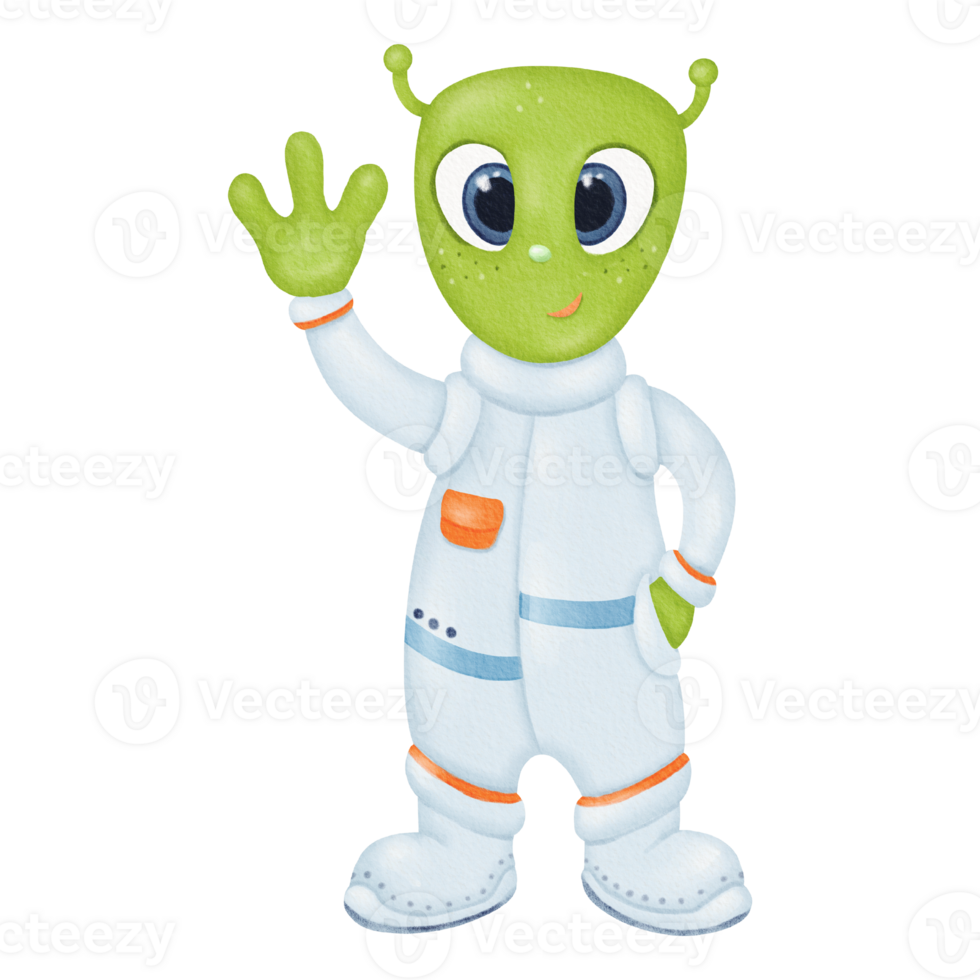 A funny cute alien waves its hand. A green, friendly extraterrestrial. Character in a spacesuit. Space theme. Extraterrestrial creature, science fiction. Watercolor isolated children's illustration png
