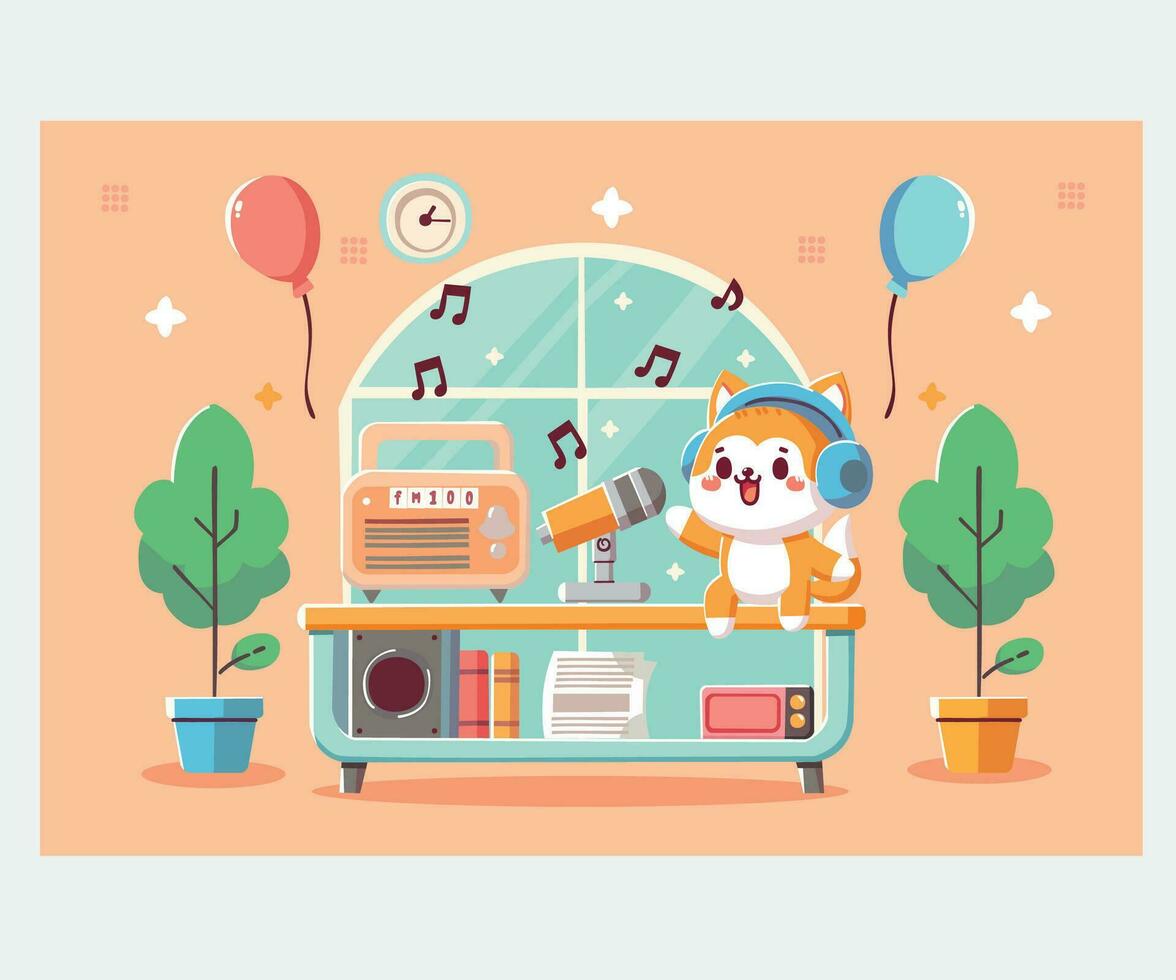 Vector World Radio Day with a Cat Character Illustration