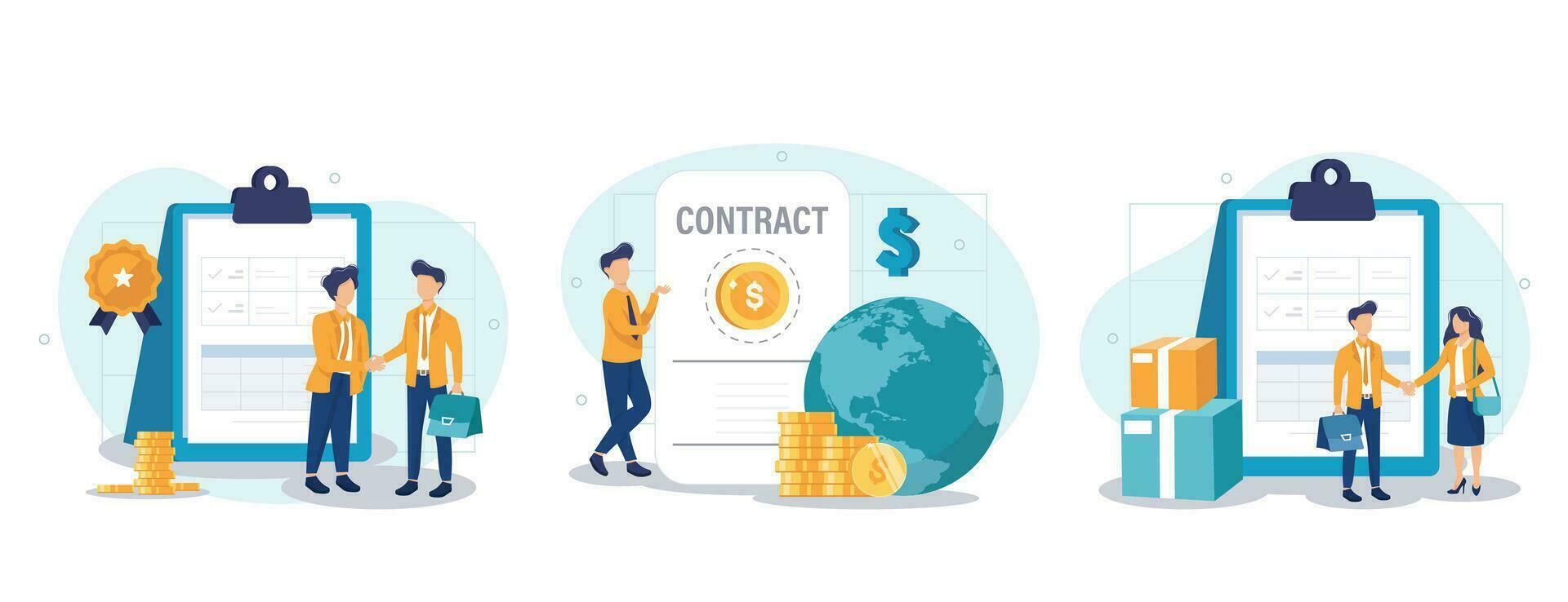 Electronic contract, sales contract terms, standard for quality control, payment terms and conditions, certification abstract metaphor. Business agreement abstract concept vector illustration set