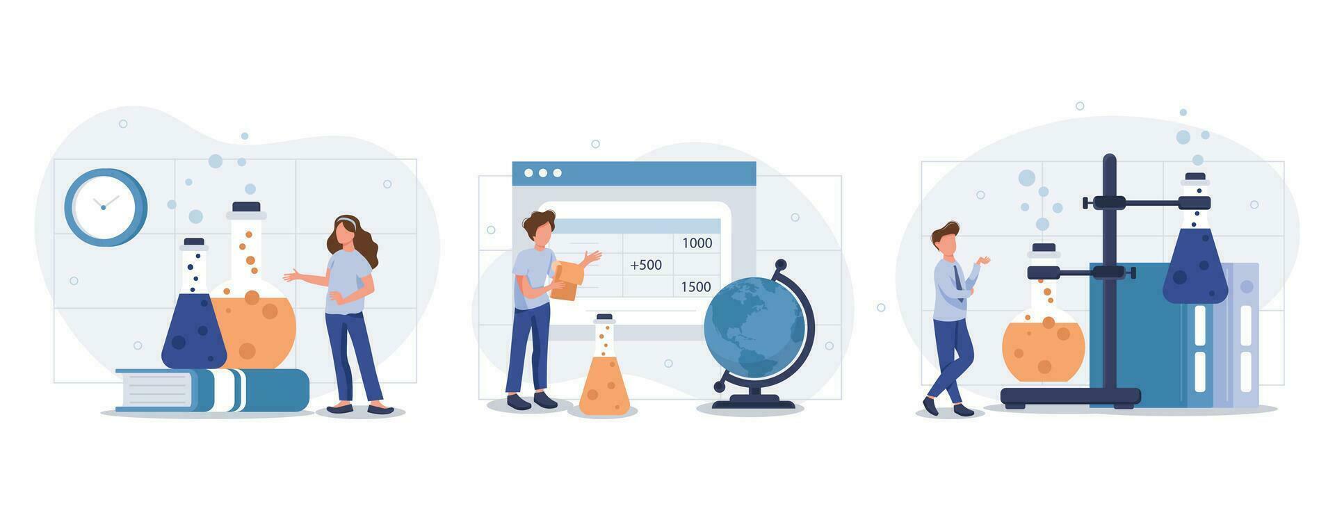 Medical tests illustration set. Laboratory doctor or chemist testing patients urine and blood samples and saving lab results online. Health care and medicine concept. Vector illustration.