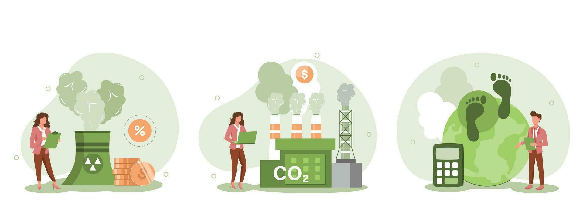 Characters showing ways to reduce CO2 emission impact through carbon management and taxes. Sustainability illustration set. Low carbon and environmental responsibility concept. Vector illustration.