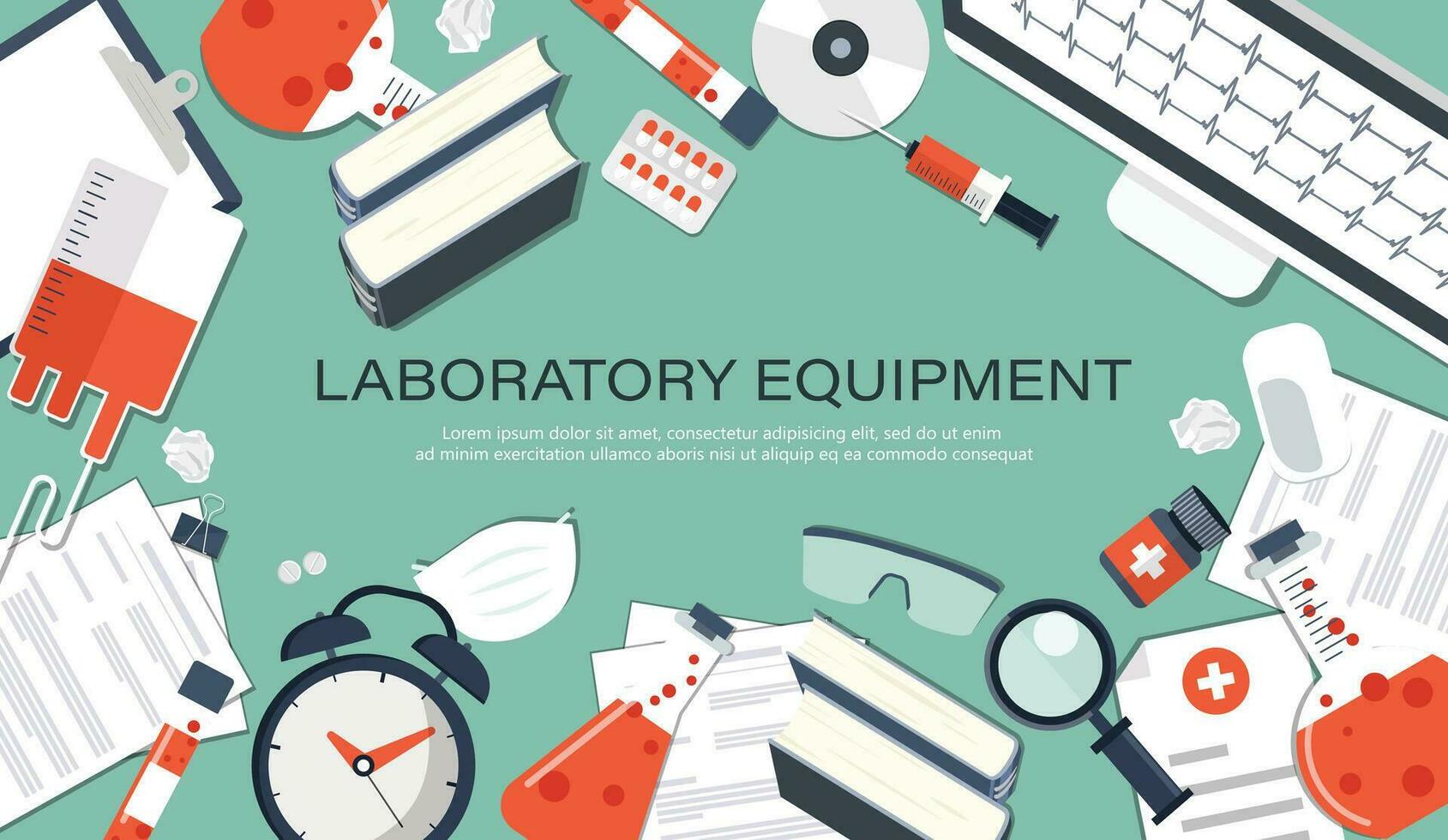 Laboratory equipment banner. Concept for science, medicine and knowledge. Flat vector illustration