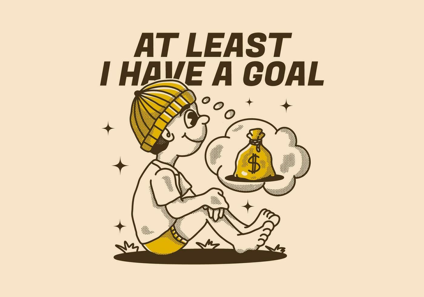 at least I have a goal. Retro character illustration of a beanie boy sitting and daydreaming vector